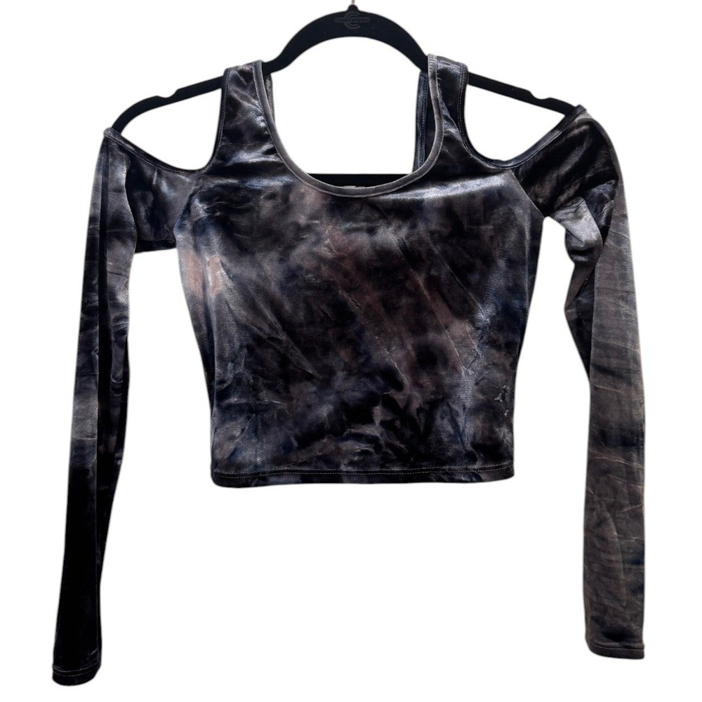 Tie Dye Crushed Velvet Cold Shoulder Crop Top Silver Grey Black Long Sleeve Sz S